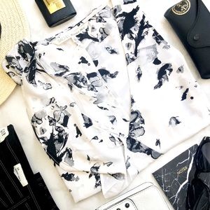 Rachel Roy Black & White Ink Splatter Ruffle Top